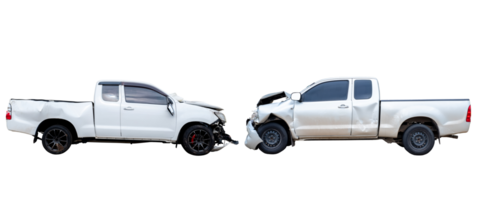 Set of Side view of white pickup car get hard damaged by accident on the road. damaged cars after collision. isolated on transparent background with clipping path png