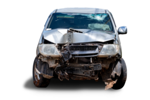 PNG format of Front view of bronze pickup car get hard damaged by accident on the road. chapped cars after collision. isolated on transparent background, broken car