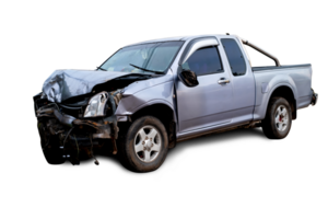Front and Side view of bronze pickup car get hard damaged by accident on the road. chapped cars after collision. isolated on transparent background, PNG