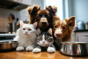 Pets in the kitchen near empty bowls beg for food. Created using artificial intelligence. photo