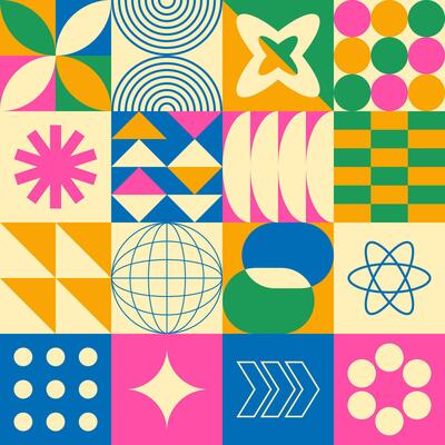 Abstract simple geometric seamless pattern with figure, form, shapes, circle and lines in Bauhaus style. Vibrant grunge geometry brutalism y2k 2000s print. Modern collage vector illustration