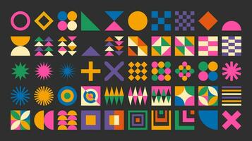Abstract simple geometric set with elements with figure, form, shapes, circle and lines in Bauhaus style. Vibrant grunge geometry brutalism y2k 2000s print. Modern collage vector illustration.