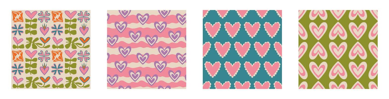 Aesthetic Retro Romantic printable groovy hearts seamless pattern. Decorative Hippie Naive 60's, 70's style Vintage modern background in minimalist style for fabric, wallpaper or wrapping