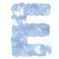 cloud blue E alphabet with butterflies and sparkles png