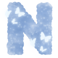 cloud blue N alphabet with butterflies and sparkles png