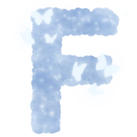 cloud blue F alphabet with butterflies and sparkles png