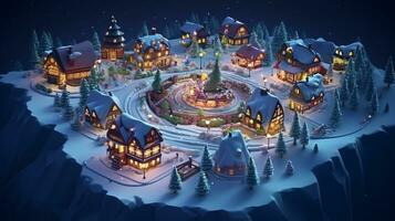 ai generative Realistic cozy small Christmas town by night isometric or birds eye view photo