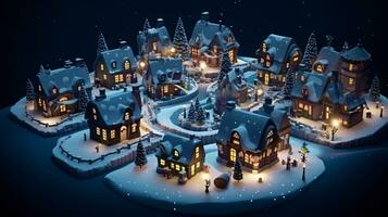 ai generative Realistic cozy small Christmas town by night isometric or birds eye view photo