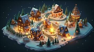 ai generative Realistic cozy small Christmas town by night isometric or birds eye view photo