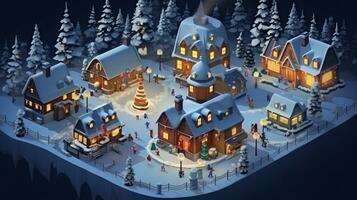 ai generative Realistic cozy small Christmas town by night isometric or birds eye view photo