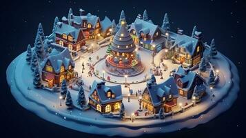 ai generative Realistic cozy small Christmas town by night isometric or birds eye view photo