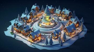 ai generative Realistic cozy small Christmas town by night isometric or birds eye view photo