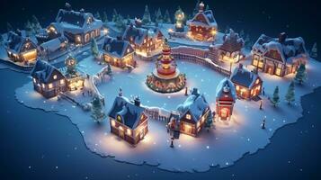 ai generative Realistic cozy small Christmas town by night isometric or birds eye view photo