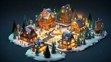 ai generative Realistic cozy small Christmas town by night isometric or birds eye view photo