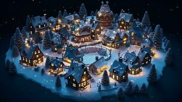 ai generative Realistic cozy small Christmas town by night isometric or birds eye view photo