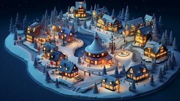 ai generative Realistic cozy small Christmas town by night isometric or birds eye view photo