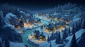 ai generative Realistic cozy small Christmas town by night isometric or birds eye view photo