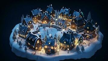 ai generative Realistic cozy small Christmas town by night isometric or birds eye view photo