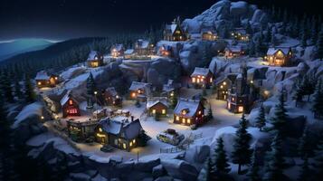 ai generative Realistic cozy small Christmas town by night isometric or birds eye view photo