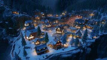 ai generative Realistic cozy small Christmas town by night isometric or birds eye view photo