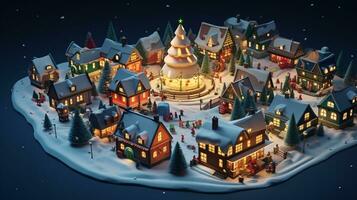 ai generative Realistic cozy small Christmas town by night isometric or birds eye view photo