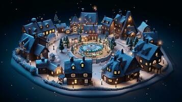 ai generative Realistic cozy small Christmas town by night isometric or birds eye view photo