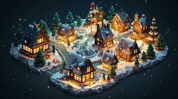 ai generative Realistic cozy small Christmas town by night isometric or birds eye view photo