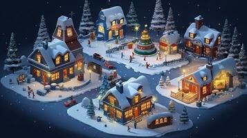 ai generative Realistic cozy small Christmas town by night isometric or birds eye view photo