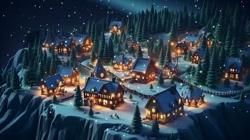 ai generative Realistic cozy small Christmas town by night isometric or birds eye view photo