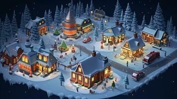 ai generative Realistic cozy small Christmas town by night isometric or birds eye view photo