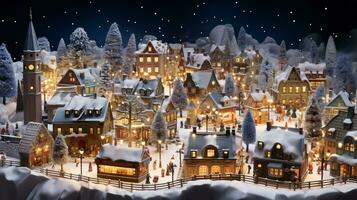 ai generative Realistic cozy small Christmas town by night isometric or birds eye view photo