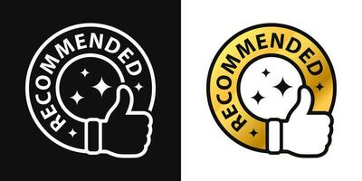 Recommended label badge isolated on white and black background. Thumb up icon, one line drawing, recommend golden circle, monoline. vector Illustration