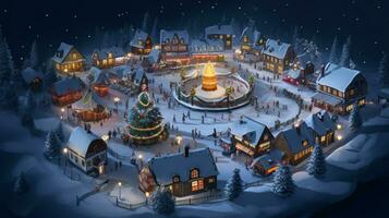 ai generative Realistic cozy small Christmas town by night isometric or birds eye view photo