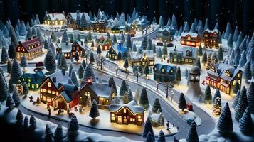 ai generative Realistic cozy small Christmas town by night isometric or birds eye view photo