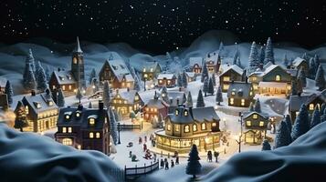 ai generative Realistic cozy small Christmas town by night isometric or birds eye view photo