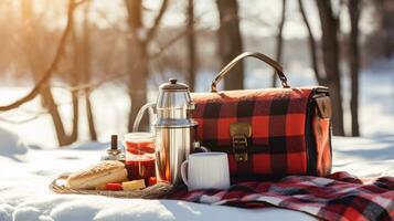 ai generative Winter picnic scene in snow with thermos on a blanket and picnic basket photo