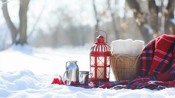 ai generative Winter picnic scene in snow with thermos on a blanket and picnic basket photo