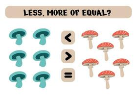 Education logic game for preschool kids.  Choose the correct answer. More, less or equal with forest mushrooms.  Vector illustration isolated on white background.