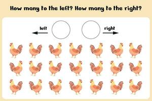 How many left and right chickens. Learning sheet for children to learn left and right. The score game. Kids counting game. Vector illustration