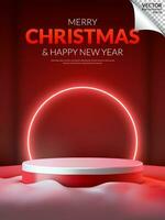 alegre Navidad y un contento nuevo año, rojo y blanco podio con nieve, en anillo neón antecedentes. vector ilustración