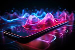 Abstract image of neon sound waves over a smartphone. Music and entertainment concept. Generated by artificial intelligence photo