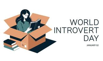 World Introvert Day banner. Woman is reading a book isolated in box. Introvert woman read book. Hand drawn vector illustration.