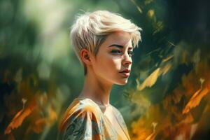 Short haircut stylish lady model. Generate Ai photo