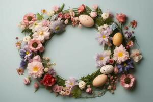 Easter eggs floral wreath background. Generate Ai photo