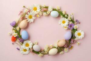 Easter eggs floral wreath. Generate Ai photo