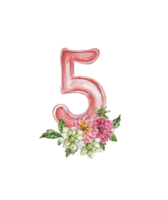 Watercolor hand drawn numbers and flowers composition. png