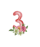 Watercolor hand drawn numbers and flowers composition. png