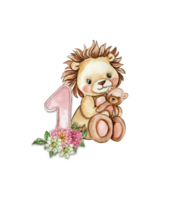 Watercolor hand drawn small baby lion with dahlia flowers and numbers composition. png