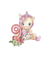 acuarela mano dibujado linda pequeño bebé unicornio con dalia flores con número composición. png