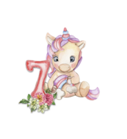 Watercolor hand drawn cute small baby unicorn with dahlia flowers with number composition. png